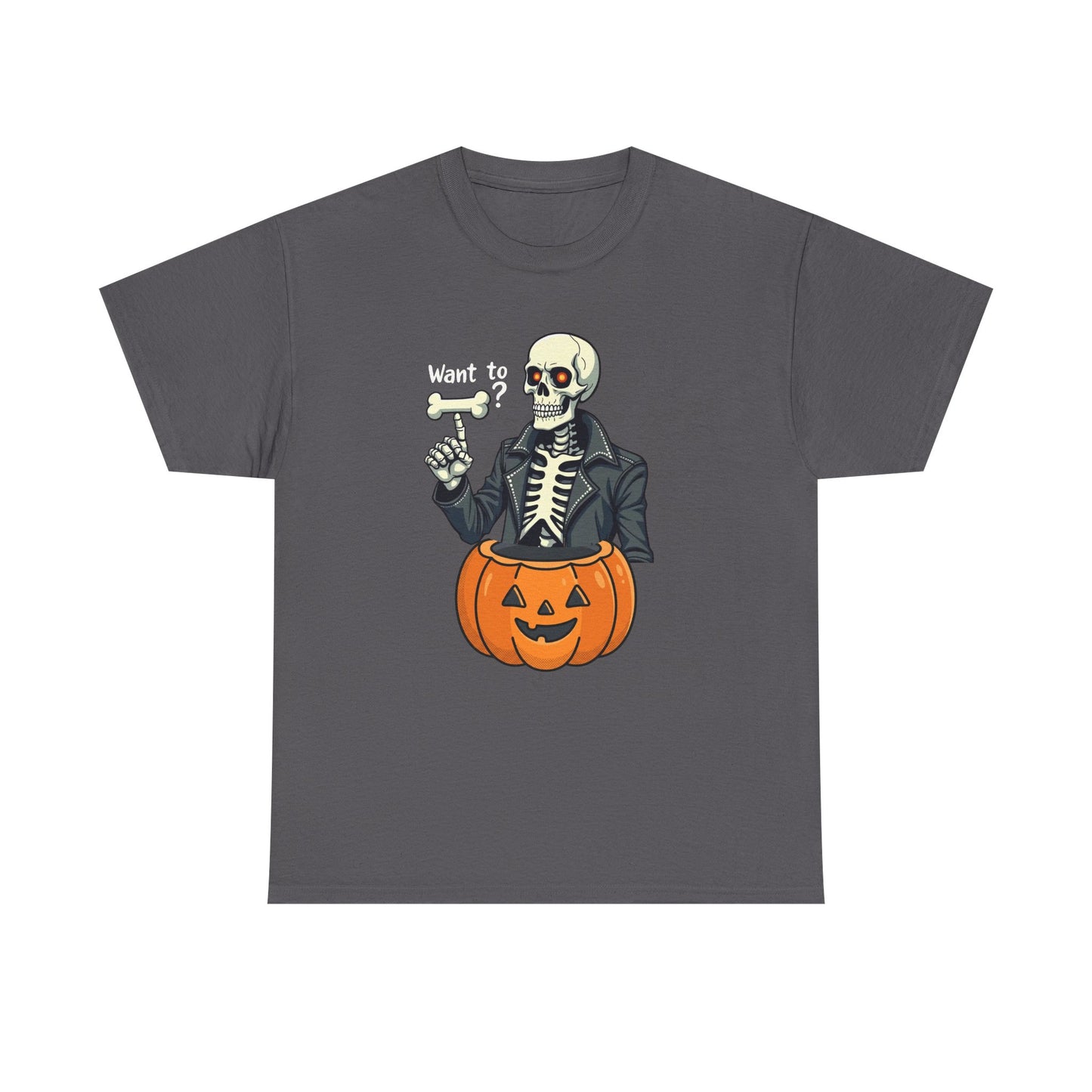 Halloween Skeleton Tee — 'Want to?' Pumpkin Jack-O'-Lantern Graphic Shirt