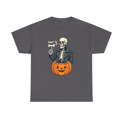 Halloween Skeleton Tee — 'Want to?' Pumpkin Jack-O'-Lantern Graphic Shirt