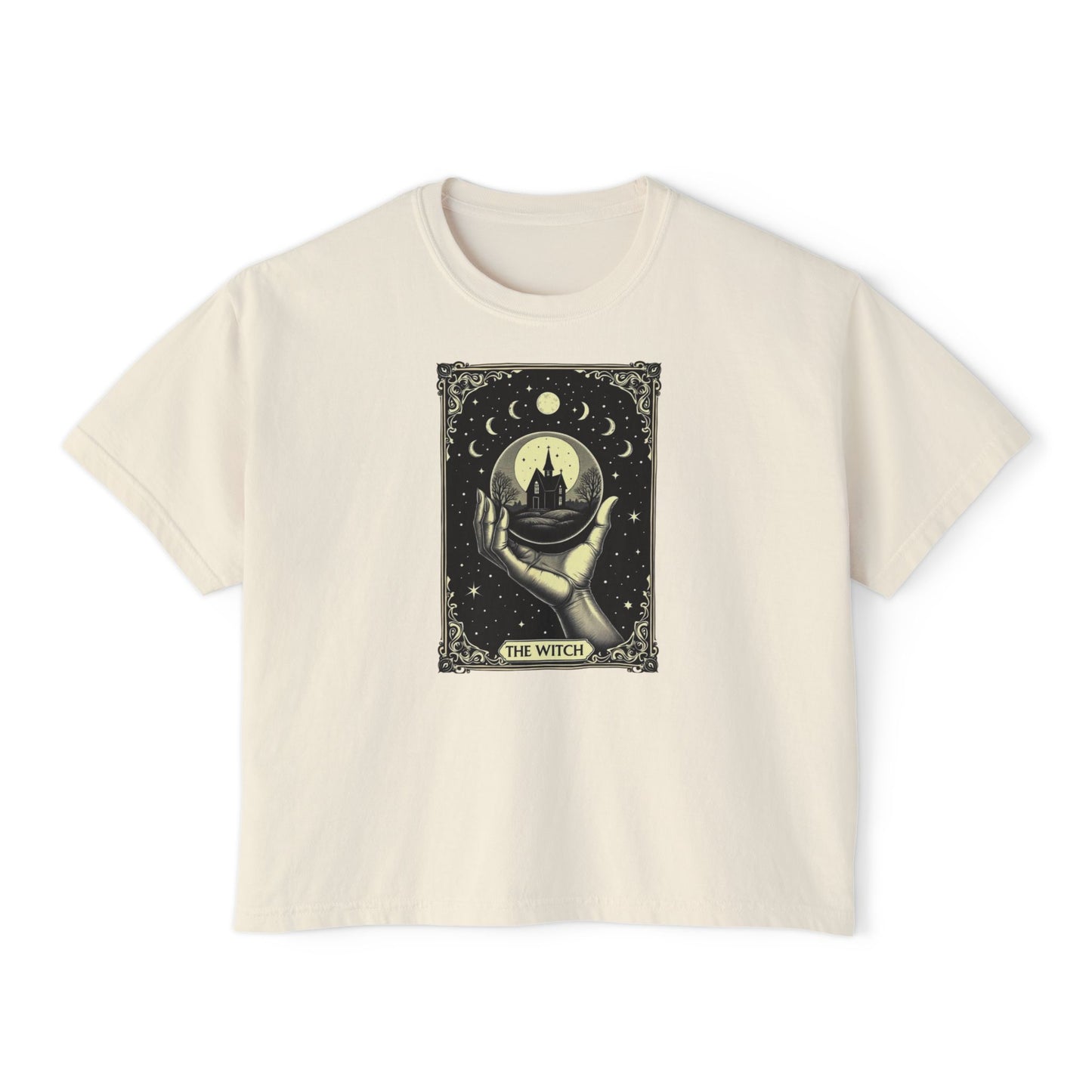 Witch Tarot Boxy Tee - Mystic Crystal Ball Graphic Women’s Crop Shirt