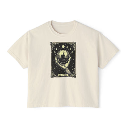Witch Tarot Boxy Tee - Mystic Crystal Ball Graphic Women’s Crop Shirt