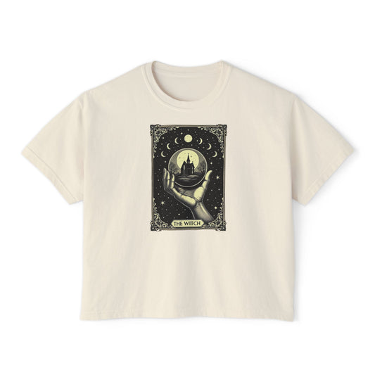 Witch Tarot Boxy Tee - Mystic Crystal Ball Graphic Women’s Crop Shirt