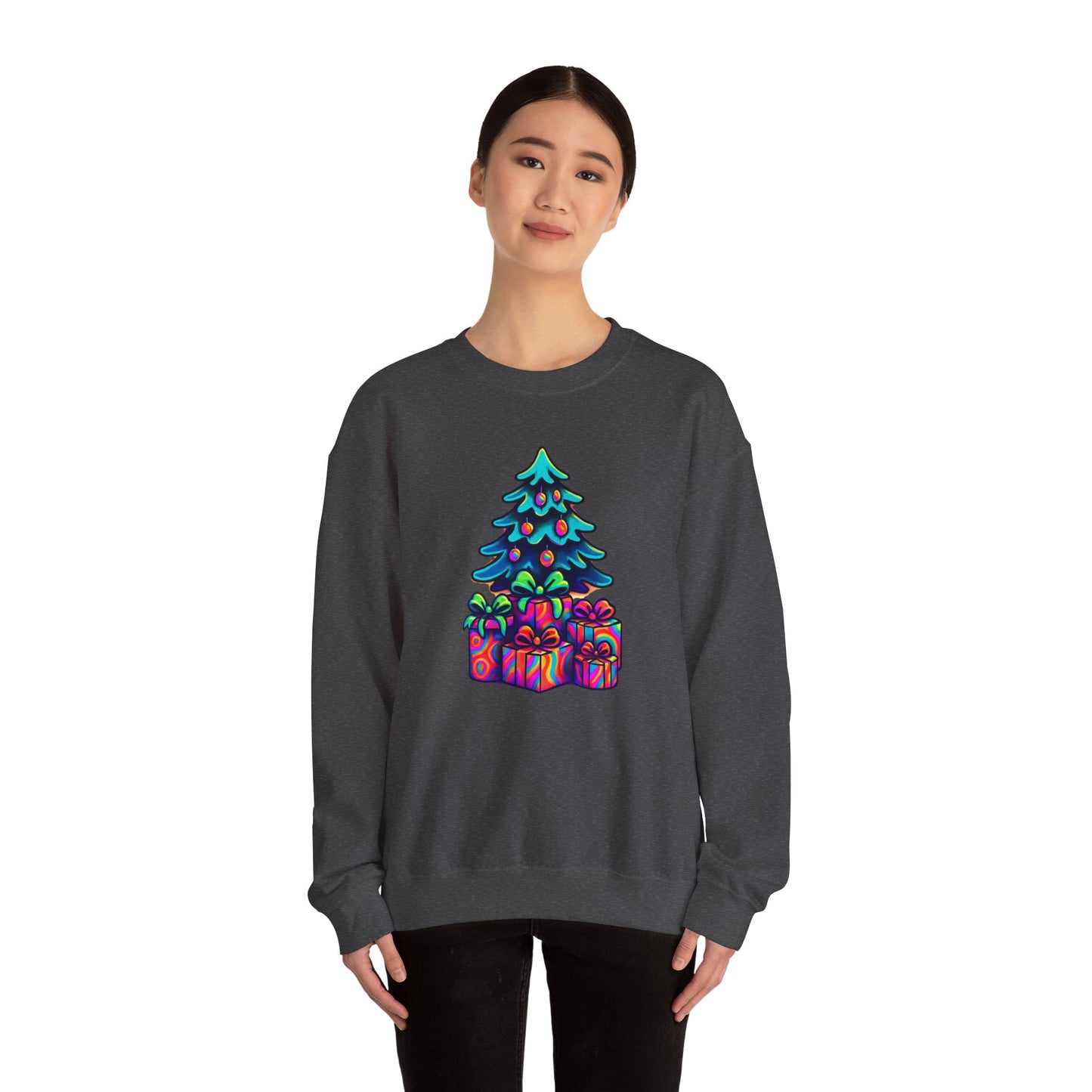 Psychedelic Christmas Tree Sweatshirt — Colorful Holiday Tree with Gifts Crewneck