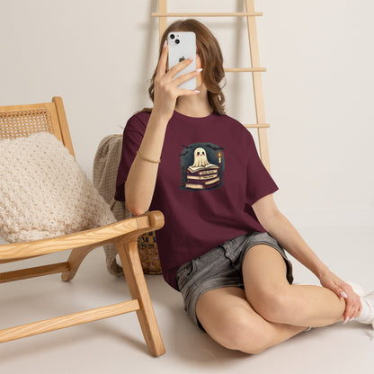 Ghost Reader T-Shirt — Cute Ghost on Stacked Books Halloween Tee