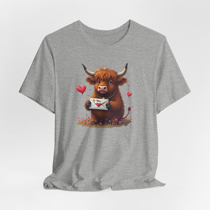 Valentine Highland Cow Tee — Cute Love Letter Bull Shirt