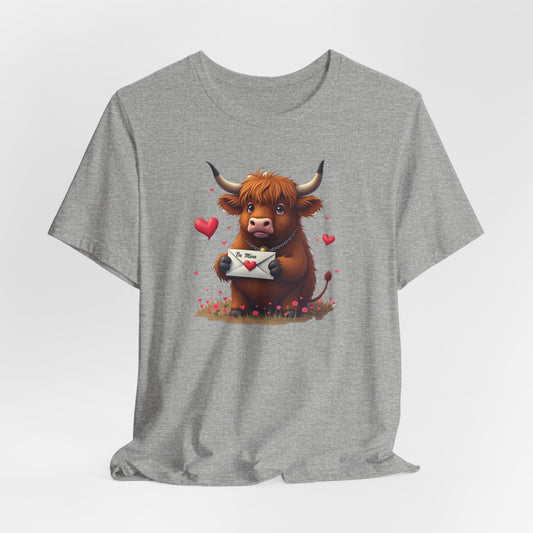 Valentine Highland Cow Tee — Cute Love Letter Bull Shirt