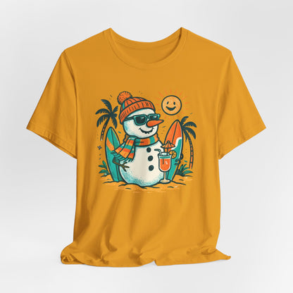 Frosty on Vacation Graphic Tee — Surfing Snowman with Drink Summer Holiday T-Shirt