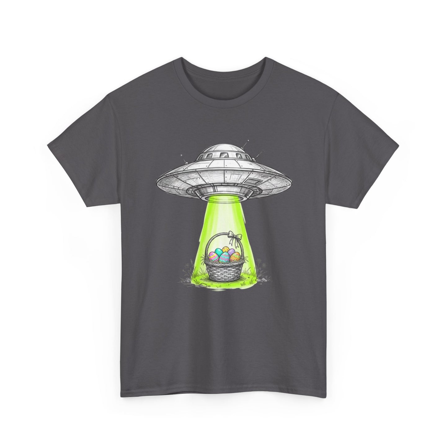 Easter UFO Abduction T-Shirt — Alien Spaceship Beaming Up Easter Basket
