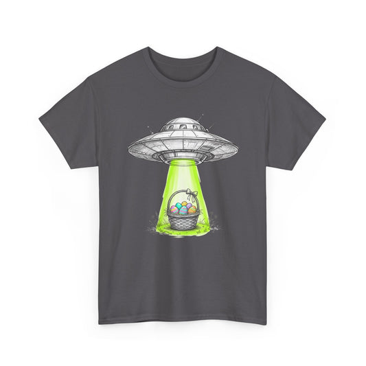 Easter UFO Abduction T-Shirt — Alien Spaceship Beaming Up Easter Basket