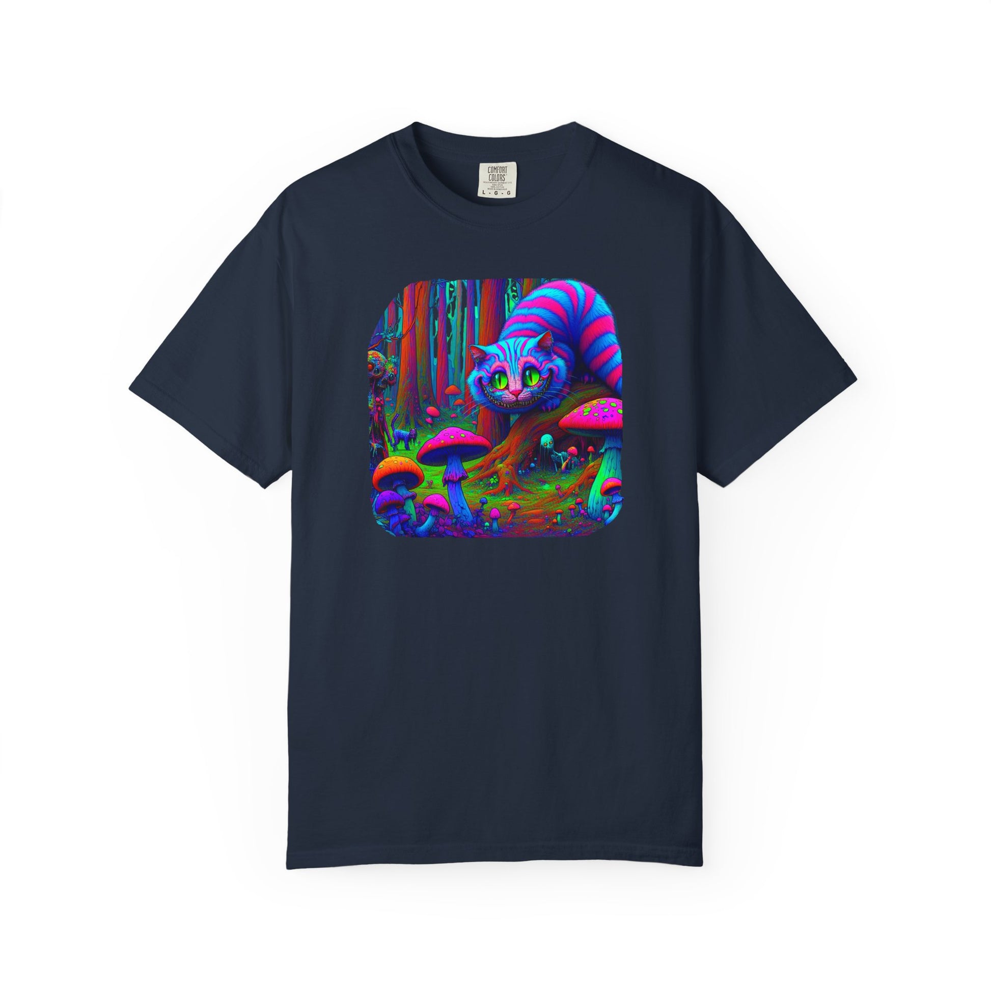 Curious Cat with mushrooms, Unisex Garment-Dyed T-shirt - Psychonaut Swag