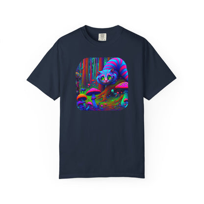 Curious Cat with mushrooms, Unisex Garment-Dyed T-shirt - Psychonaut Swag