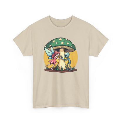 Alien chased by Fairy, Mushroom Unisex Heavy Cotton Tee - Psychonaut Swag