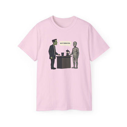 Funny Halloween Tee — Frankenstein & Mummy Coffee Joke Shirt