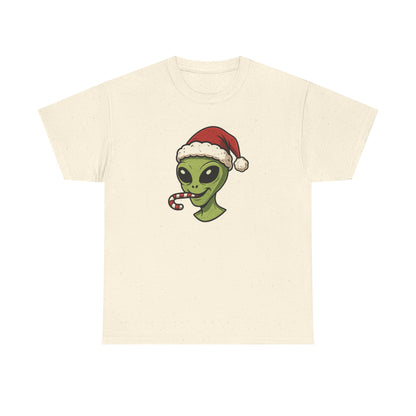 Alien Santa T-Shirt — Cute Green Alien with Santa Hat & Candy Cane Holiday Tee