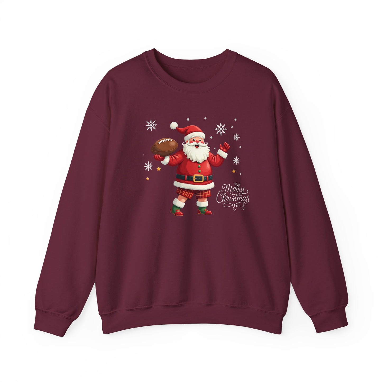 Santa Throwing Football, Christmas Sweatshirt - Jolly Santa with 'Merry Christmas' Graphic