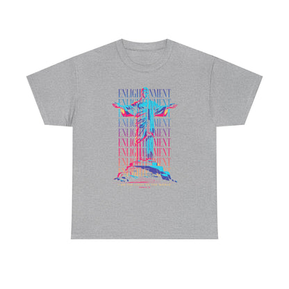 Enlightenment Tee — Neon Statue Graphic T-Shirt ("Entertainment" Text Design)