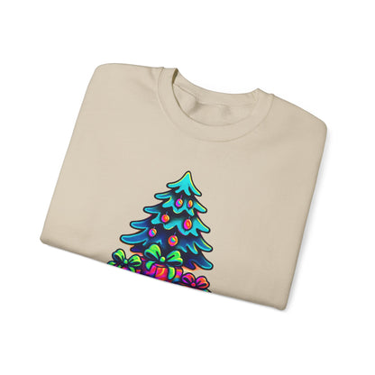 Psychedelic Christmas Tree Sweatshirt — Colorful Holiday Tree with Gifts Crewneck