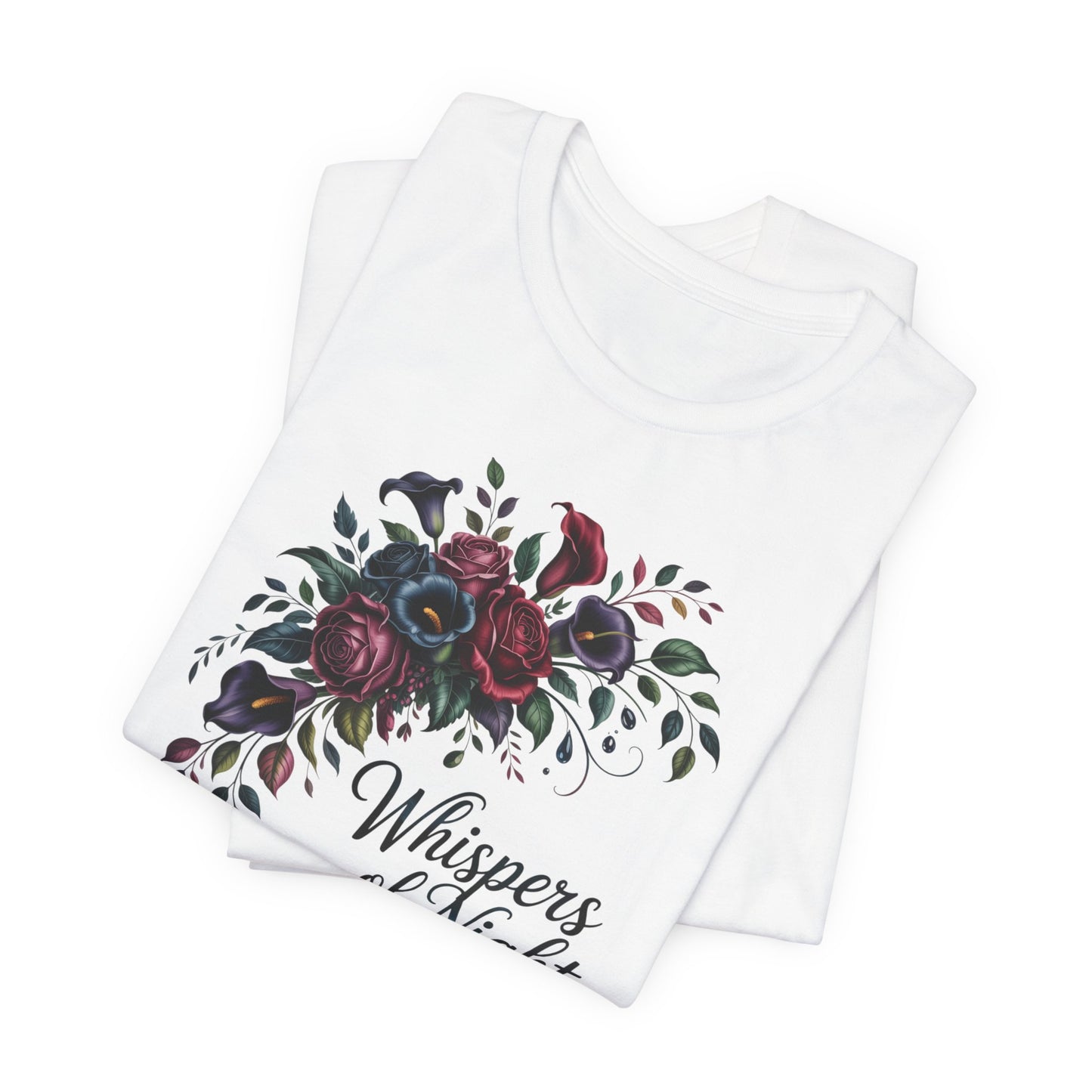 Whispers of Night Floral Tee — Dark Rose Bouquet Graphic T-Shirt