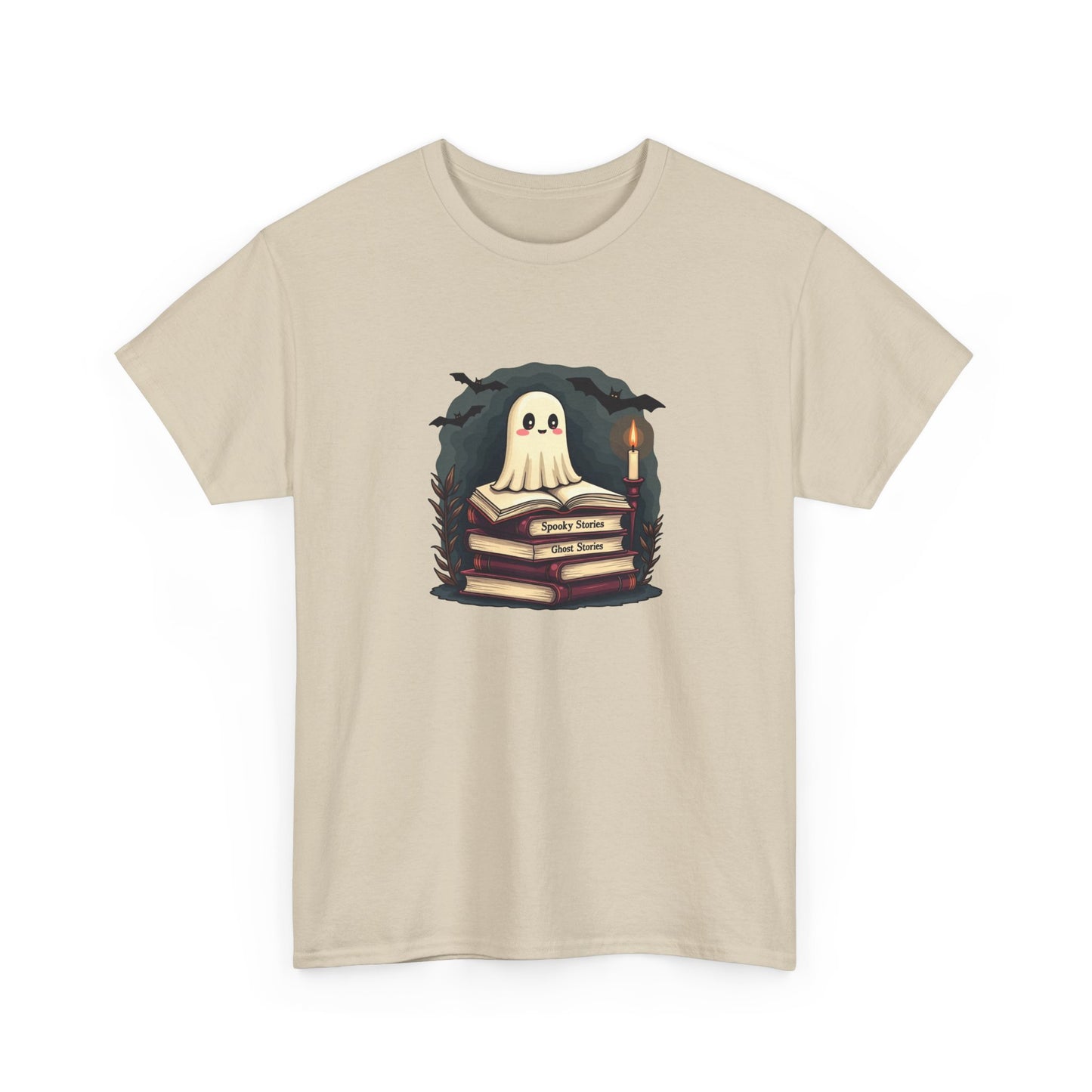 Ghost Reader T-Shirt — Cute Ghost on Stacked Books Halloween Tee