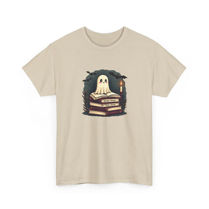 Ghost Reader T-Shirt — Cute Ghost on Stacked Books Halloween Tee