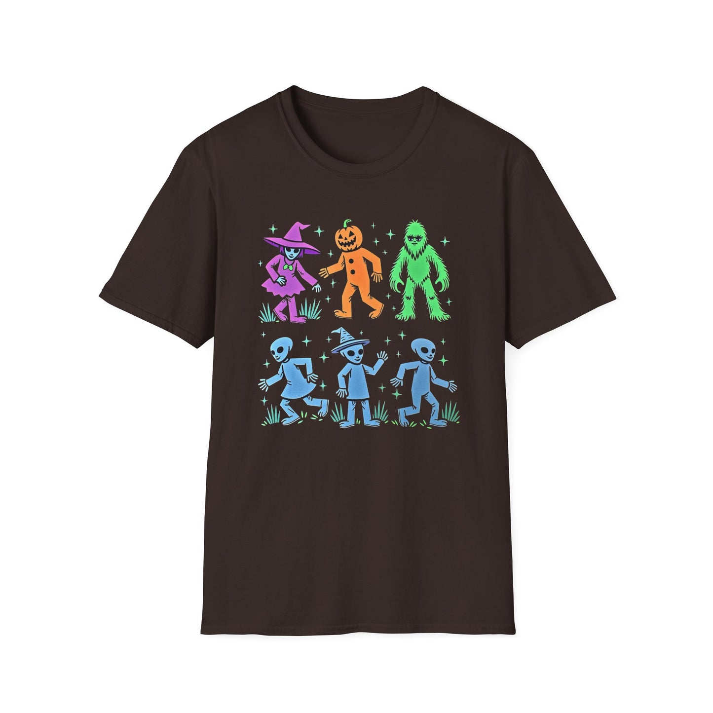 Halloween Monster Dance T-Shirt — Neon Witch, Pumpkin & Yeti Graphic Tee