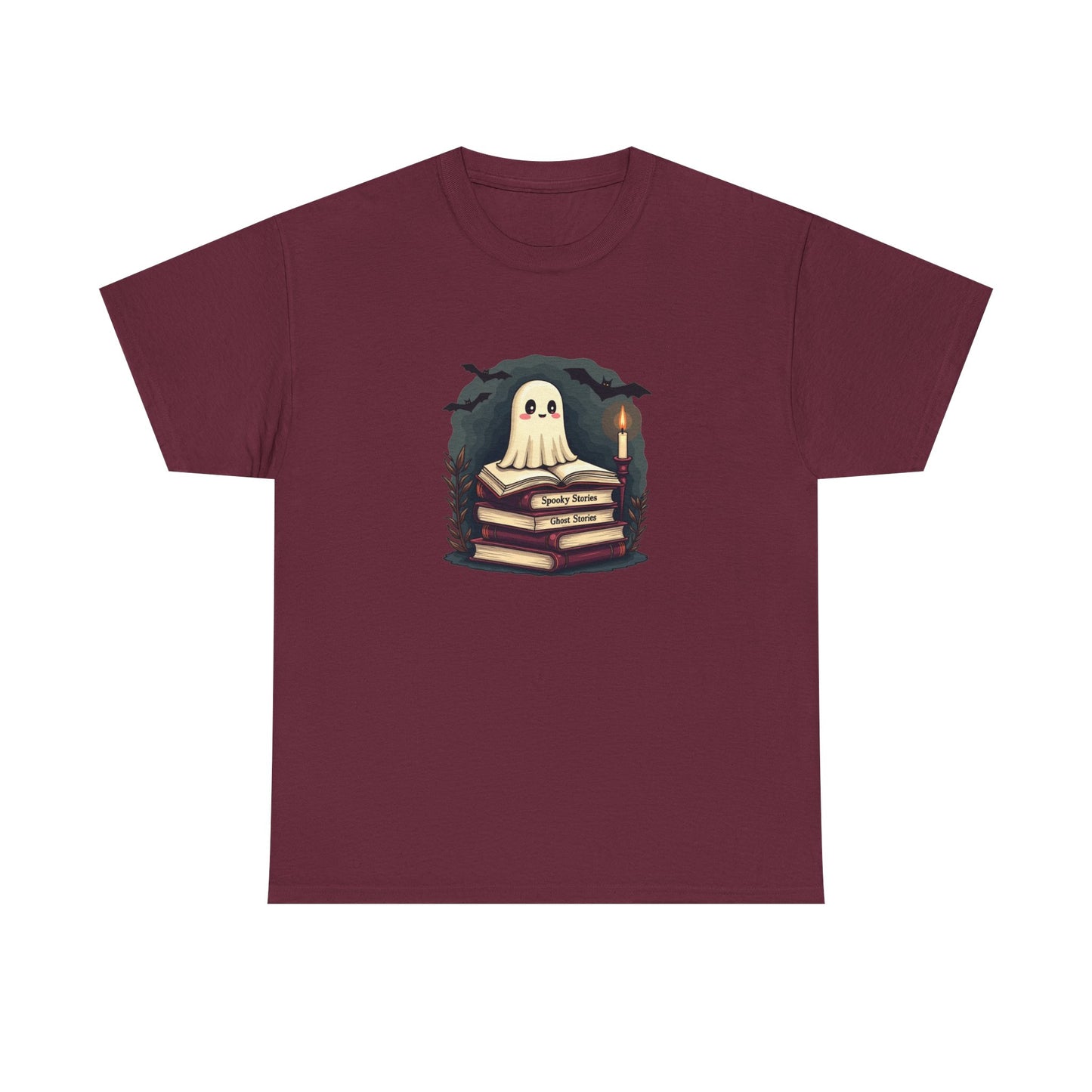 Ghost Reader T-Shirt — Cute Ghost on Stacked Books Halloween Tee