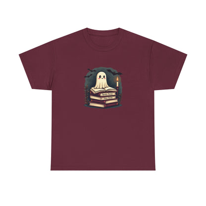 Ghost Reader T-Shirt — Cute Ghost on Stacked Books Halloween Tee