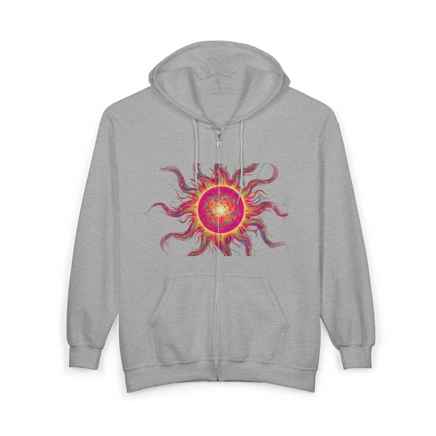 Sunburst Zip Hoodie — Vibrant Psychedelic Sun Graphic