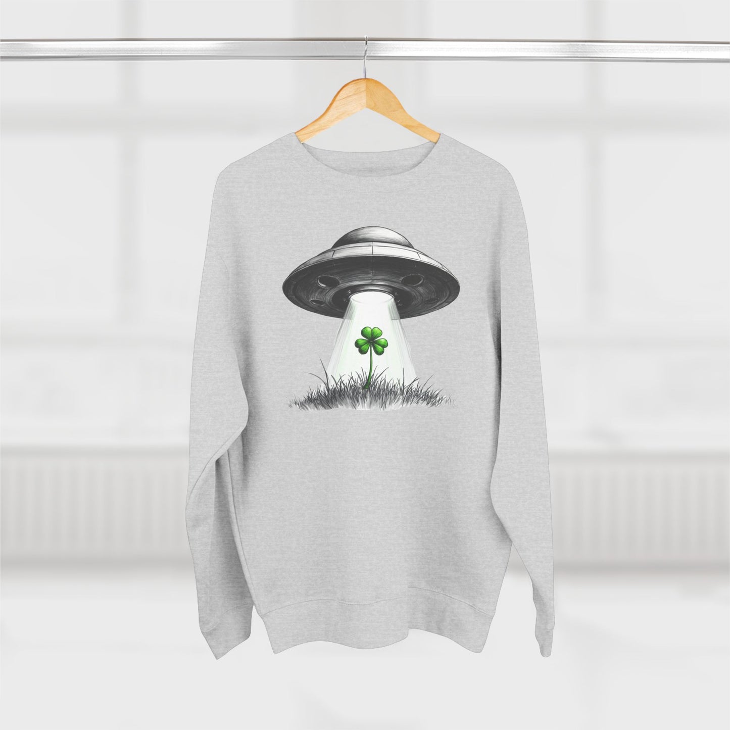 St. Patrick’s UFO Clover Sweatshirt — Alien Abduction Shamrock Crewneck