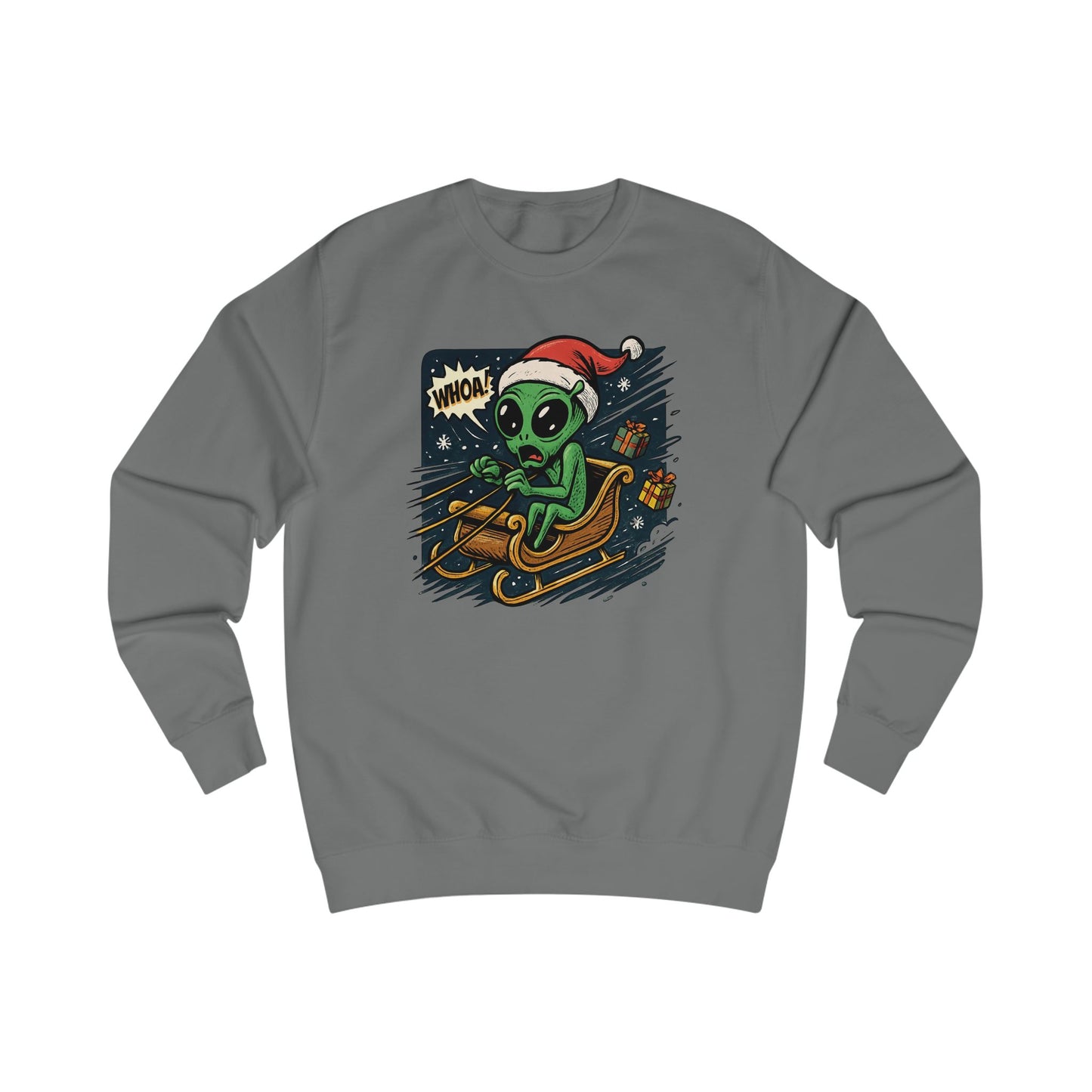 Alien Santa Sled Sweatshirt — Funny Christmas UFO Holiday Crewneck