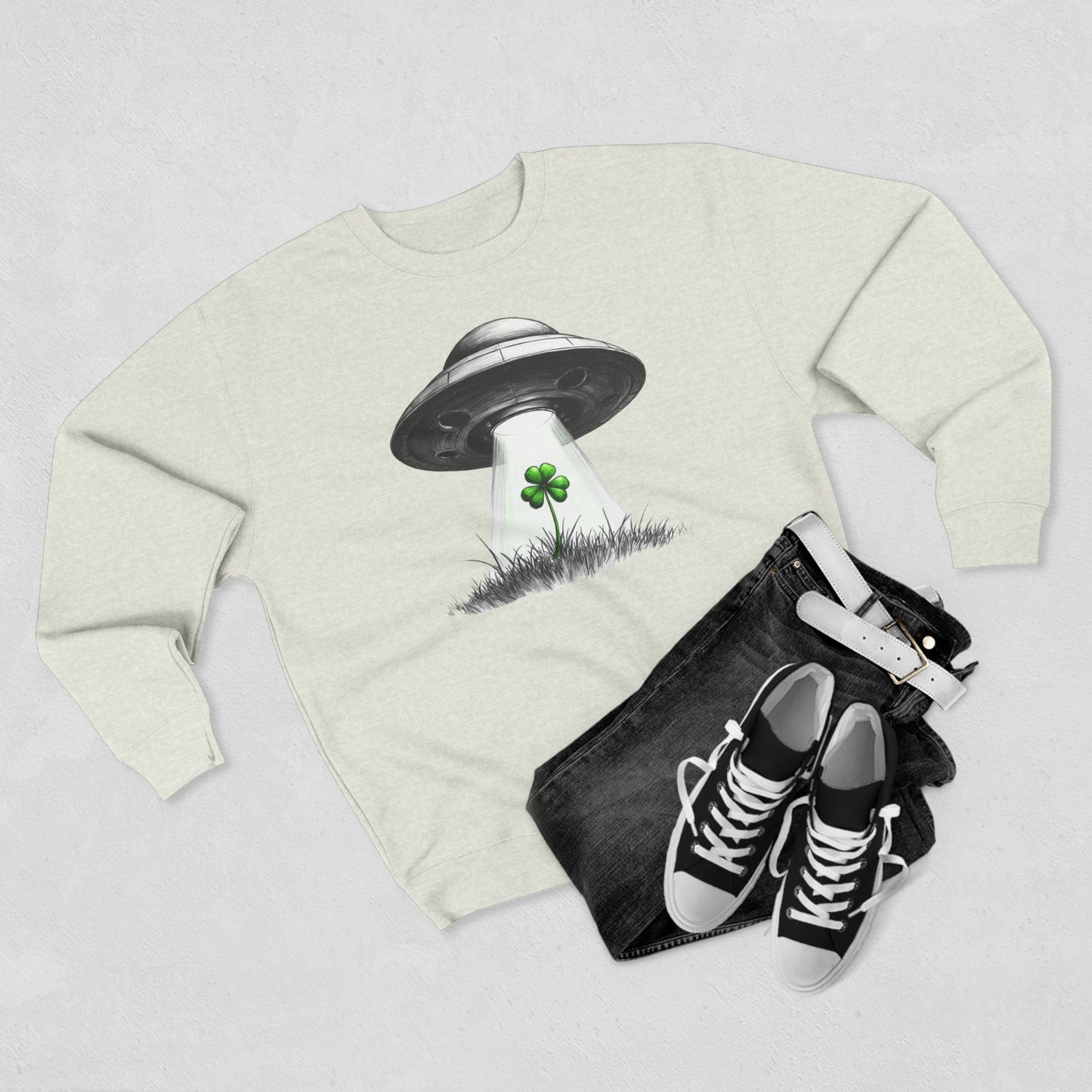 St. Patrick’s UFO Clover Sweatshirt — Alien Abduction Shamrock Crewneck