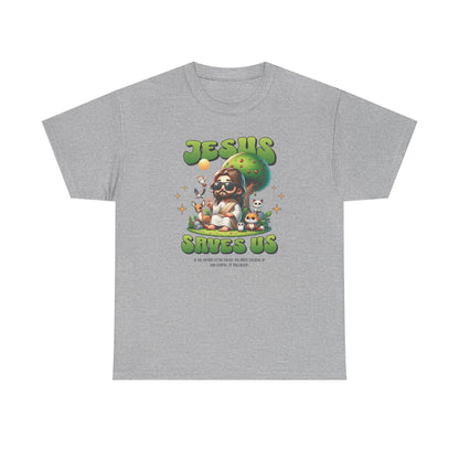 Jesus Saves Us T-Shirt — Cute Retro Jesus with Animals Christian Faith Tee