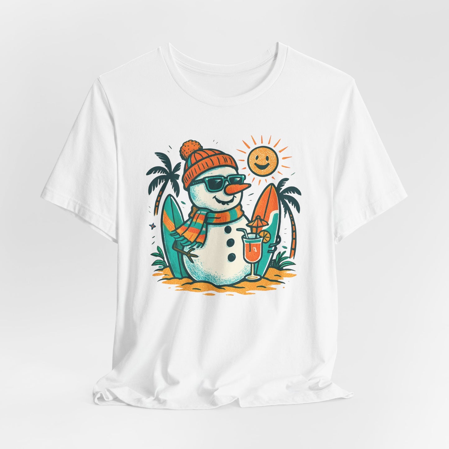 Frosty on Vacation Graphic Tee — Surfing Snowman with Drink Summer Holiday T-Shirt