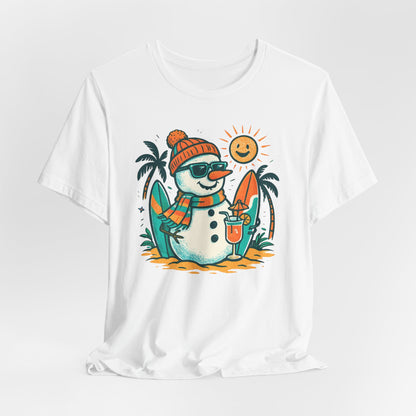 Frosty on Vacation Graphic Tee — Surfing Snowman with Drink Summer Holiday T-Shirt