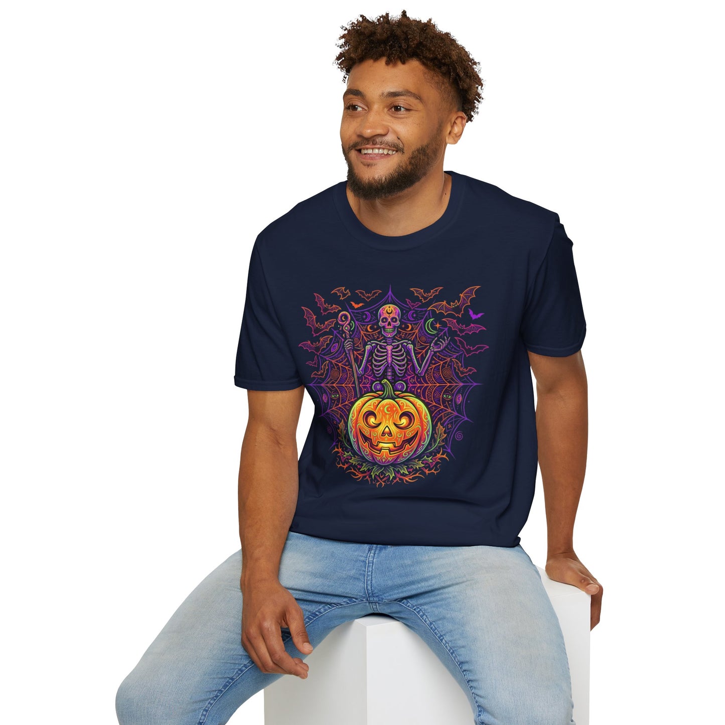 Skeleton Sorcerer Halloween T-Shirt — Jack-O'-Lantern & Bats Spooky Tee