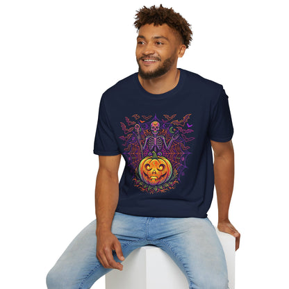 Skeleton Sorcerer Halloween T-Shirt — Jack-O'-Lantern & Bats Spooky Tee