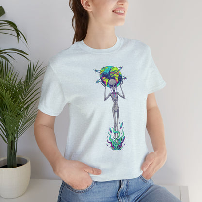 Alien Holding Earth Graphic Tee — Cosmic Sci‑Fi Alien Shirt