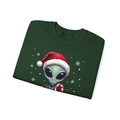 Alien Christmas Sweatshirt — Cute Santa Alien in Candy Cane Sweater