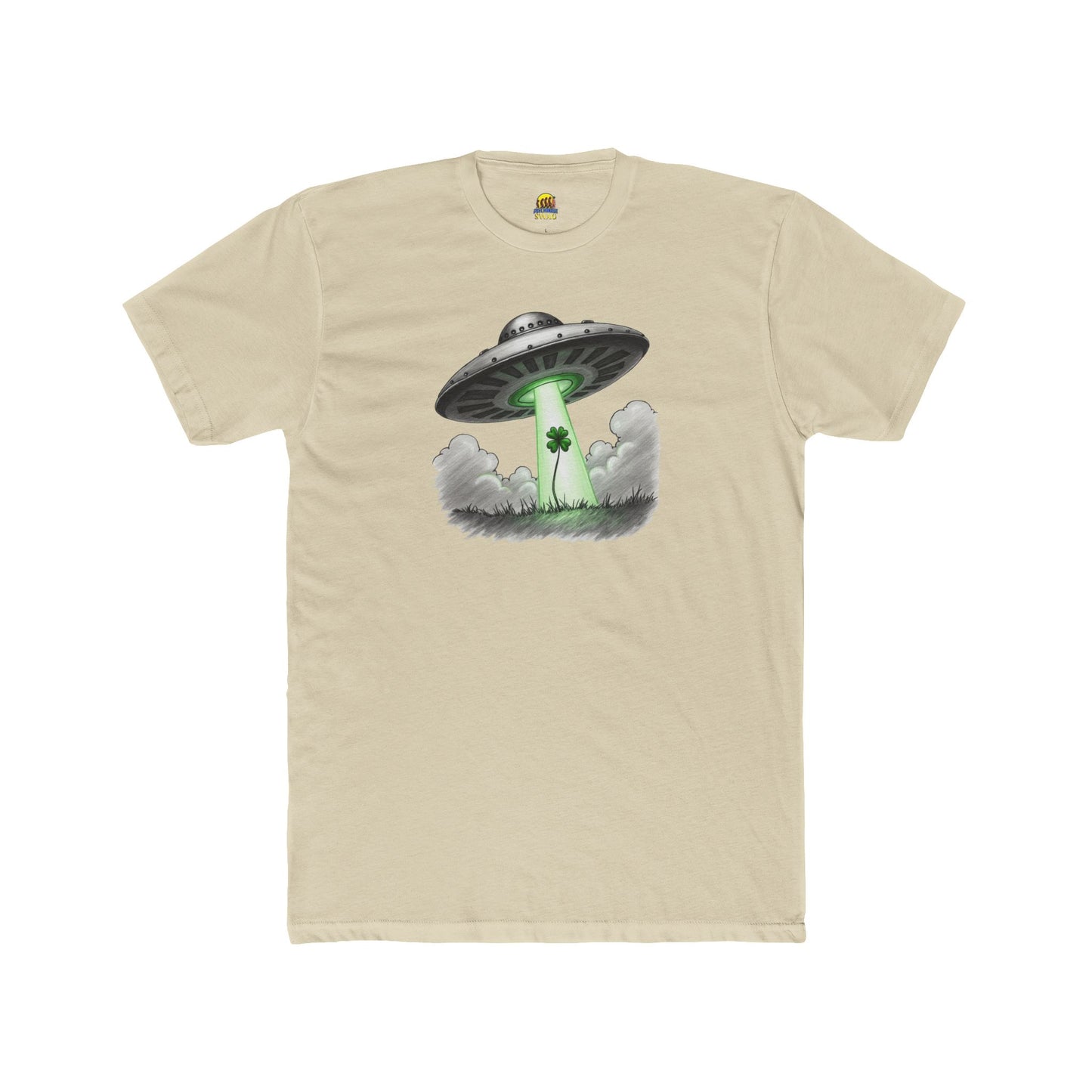 Shamrock Abduction UFO Tee — Green Beam Graphic T-Shirt