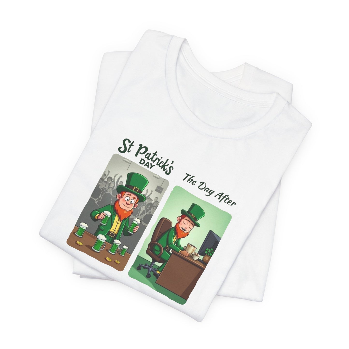St. Patrick's Day Leprechaun Funny Cartoon T-Shirt — "St. Patrick's Day / The Day After" Tee