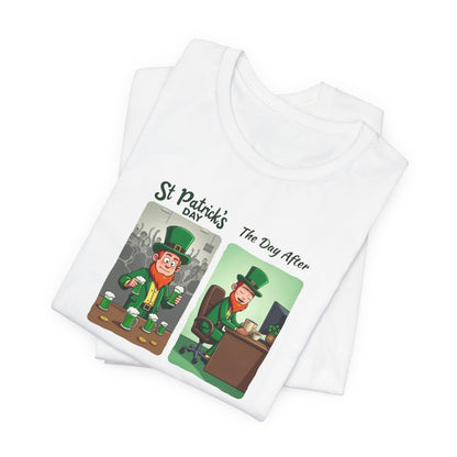 St. Patrick's Day Leprechaun Funny Cartoon T-Shirt — "St. Patrick's Day / The Day After" Tee