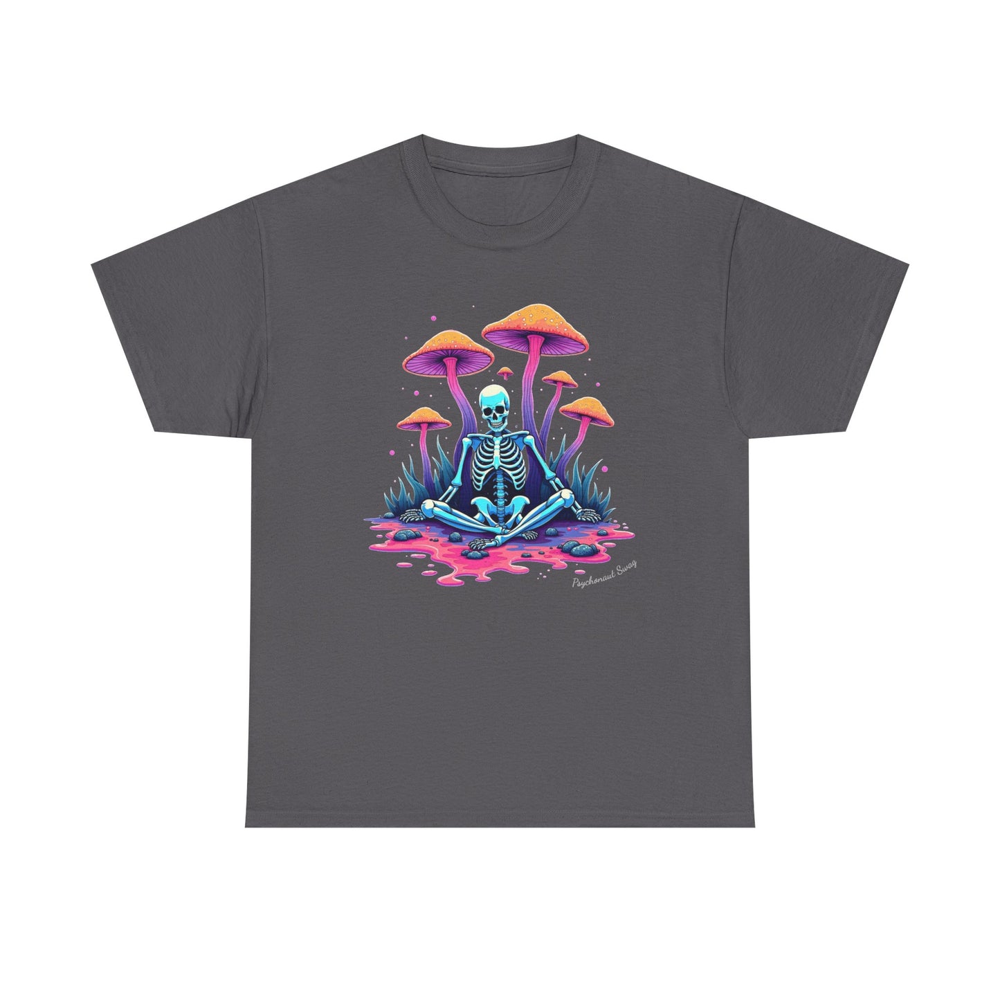 Psychedelic Mushroom Skeleton Near-Death Trip T‑Shirt — Neon Trippy Fungi Meditation Tee