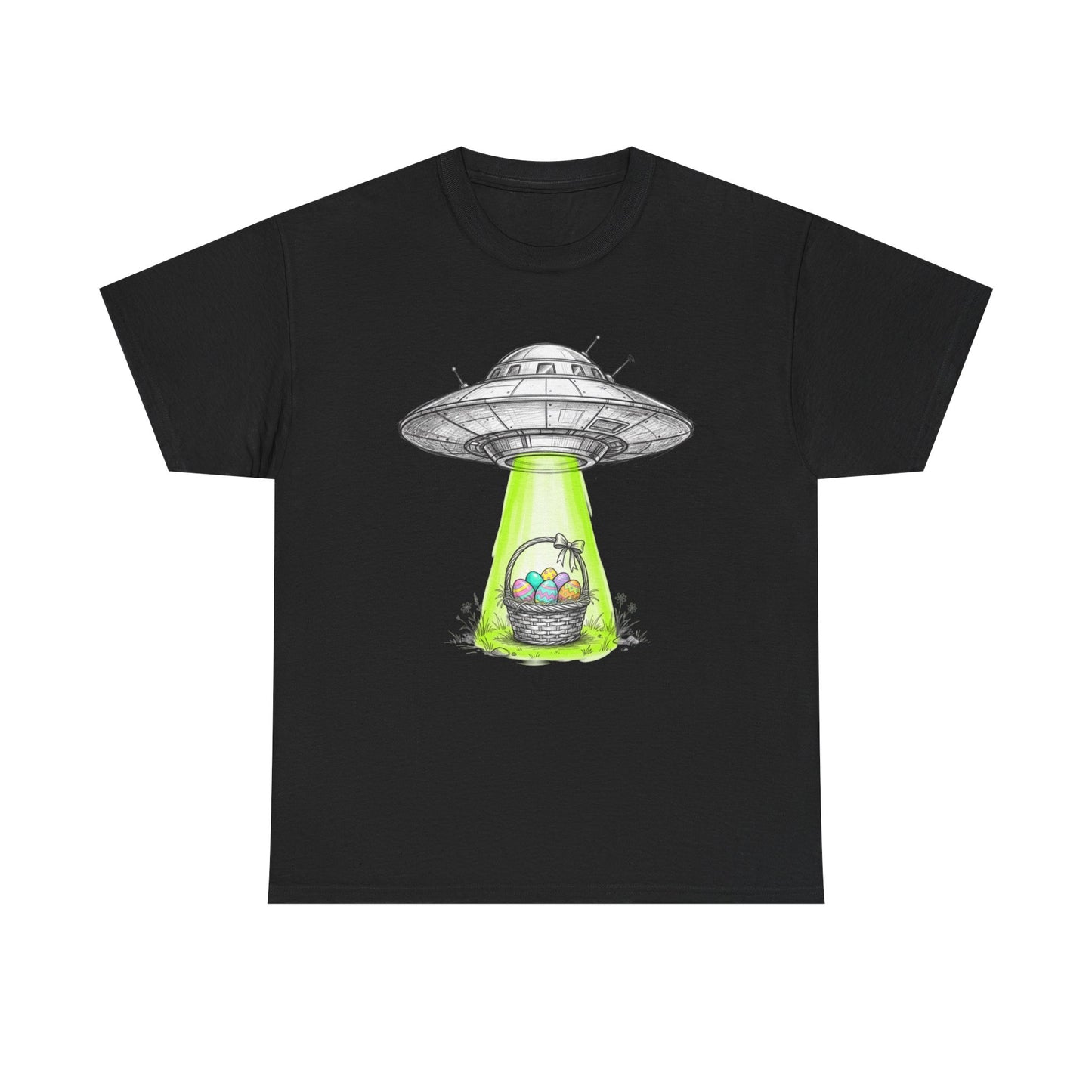 Easter UFO Abduction T-Shirt — Alien Spaceship Beaming Up Easter Basket