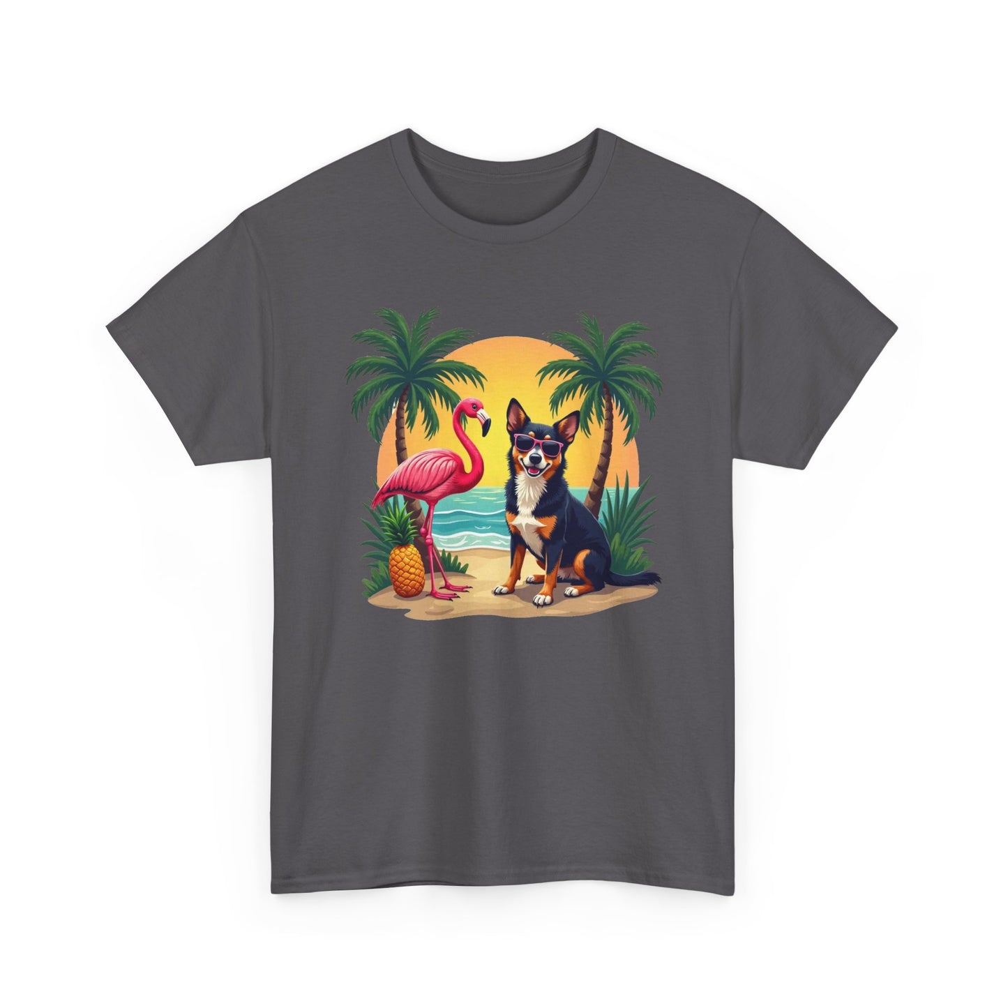 Dog Beach Sunset T-Shirt — Tropical Flamingo Palm Tee
