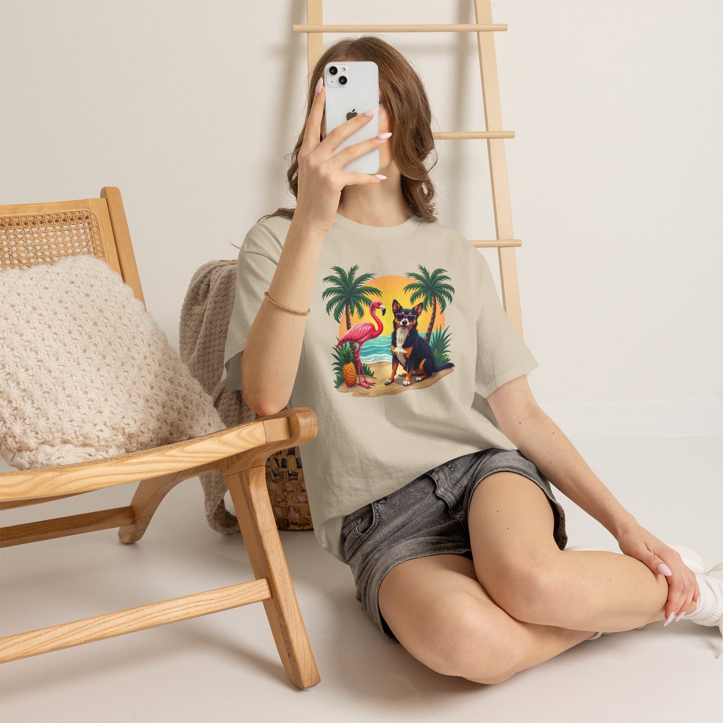 Dog Beach Sunset T-Shirt — Tropical Flamingo Palm Tee
