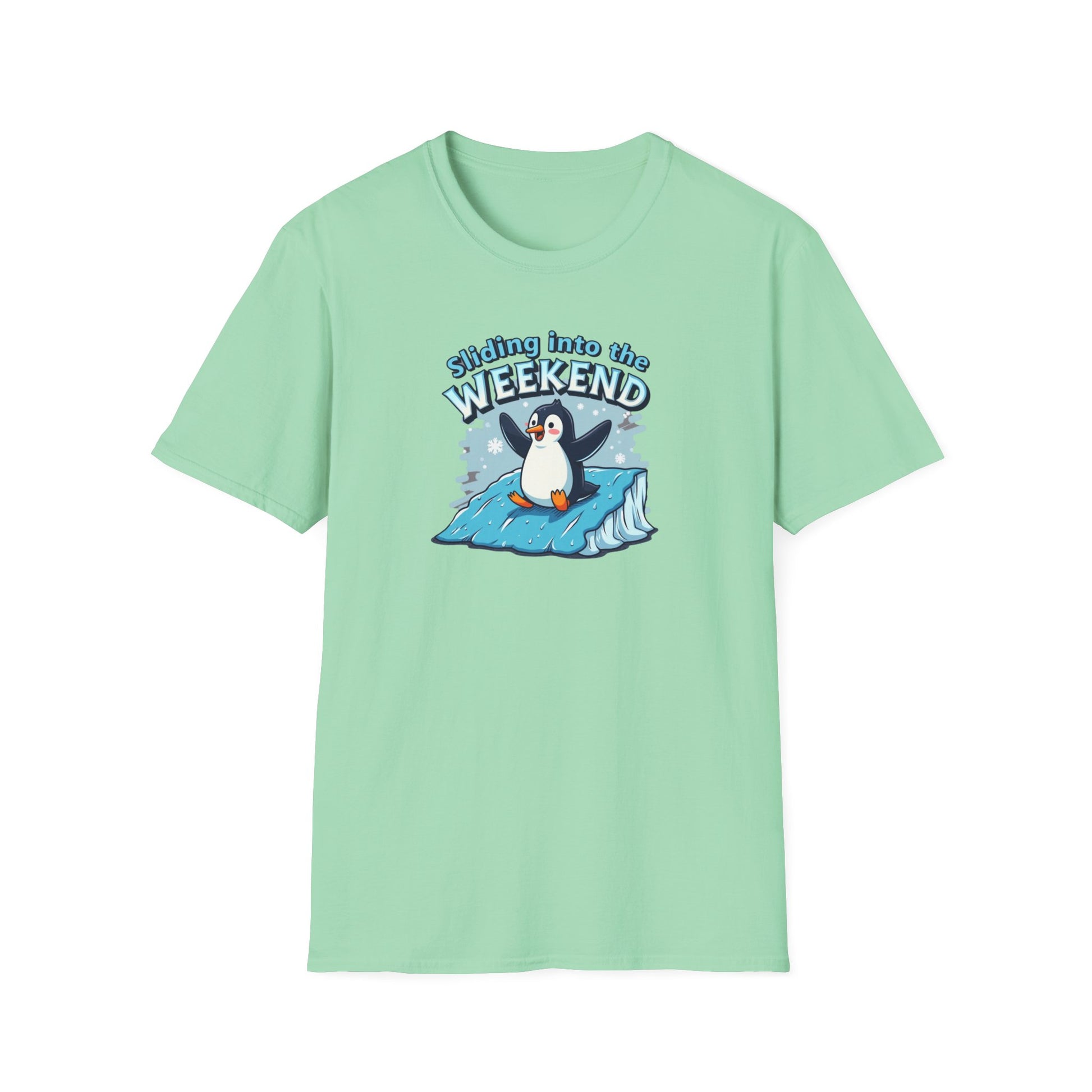 Sliding Penguin, Weekend Vibes T-Shirt, Funny Graphic Tee, Penguin Design Shirt, Casual Apparel, Unisex Softstyle T-Shirt - Psychonaut Swag