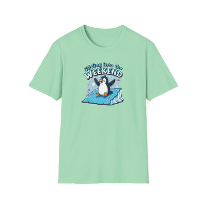 Sliding Penguin, Weekend Vibes T-Shirt, Funny Graphic Tee, Penguin Design Shirt, Casual Apparel, Unisex Softstyle T-Shirt - Psychonaut Swag