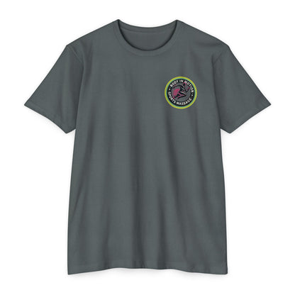 Sports Massage, Retro Camper Badge T-Shirt — Vintage RV Travel Logo Tee