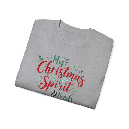 Christmas Coffee Tee - "My Christmas Spirit Needs Coffee" Holiday T-Shirt