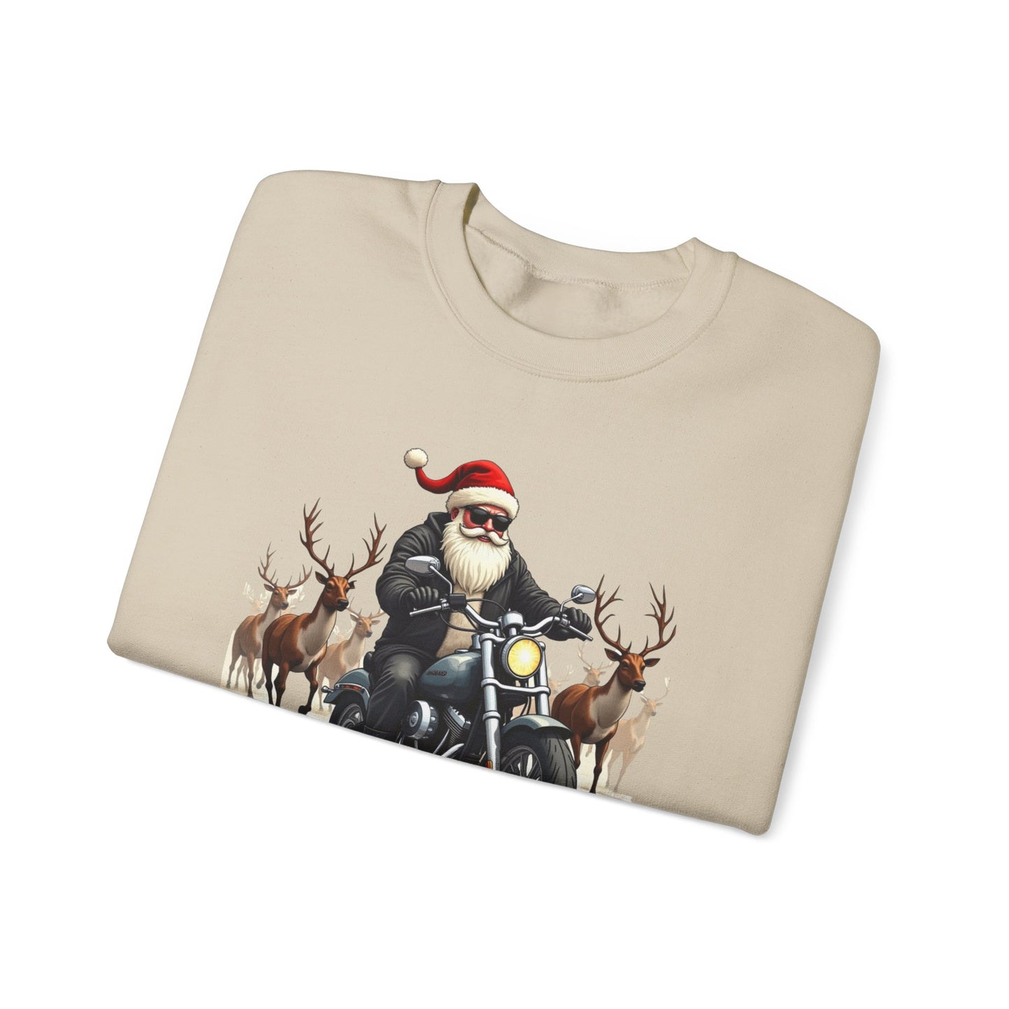 Santa on Motorcycle in Reindeer Stampede — Biker Santa Christmas Crewneck