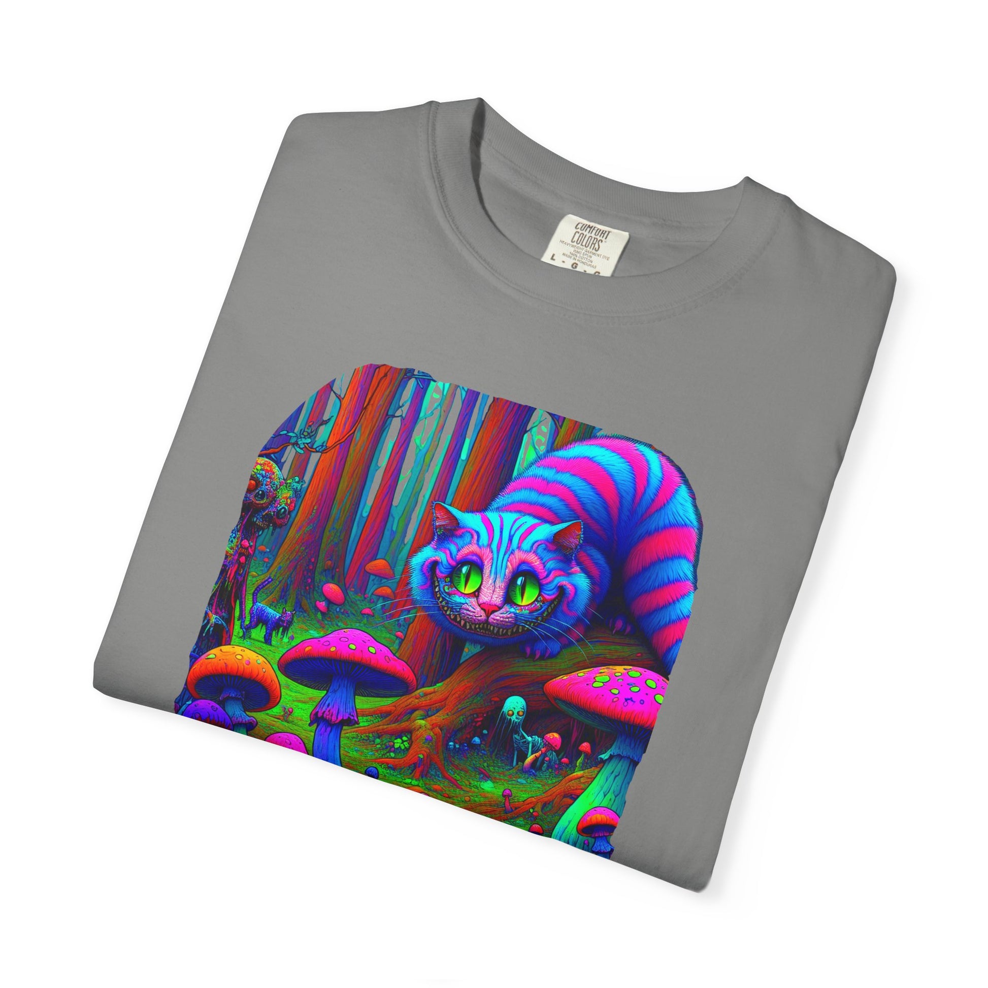 Curious Cat with mushrooms, Unisex Garment-Dyed T-shirt - Psychonaut Swag